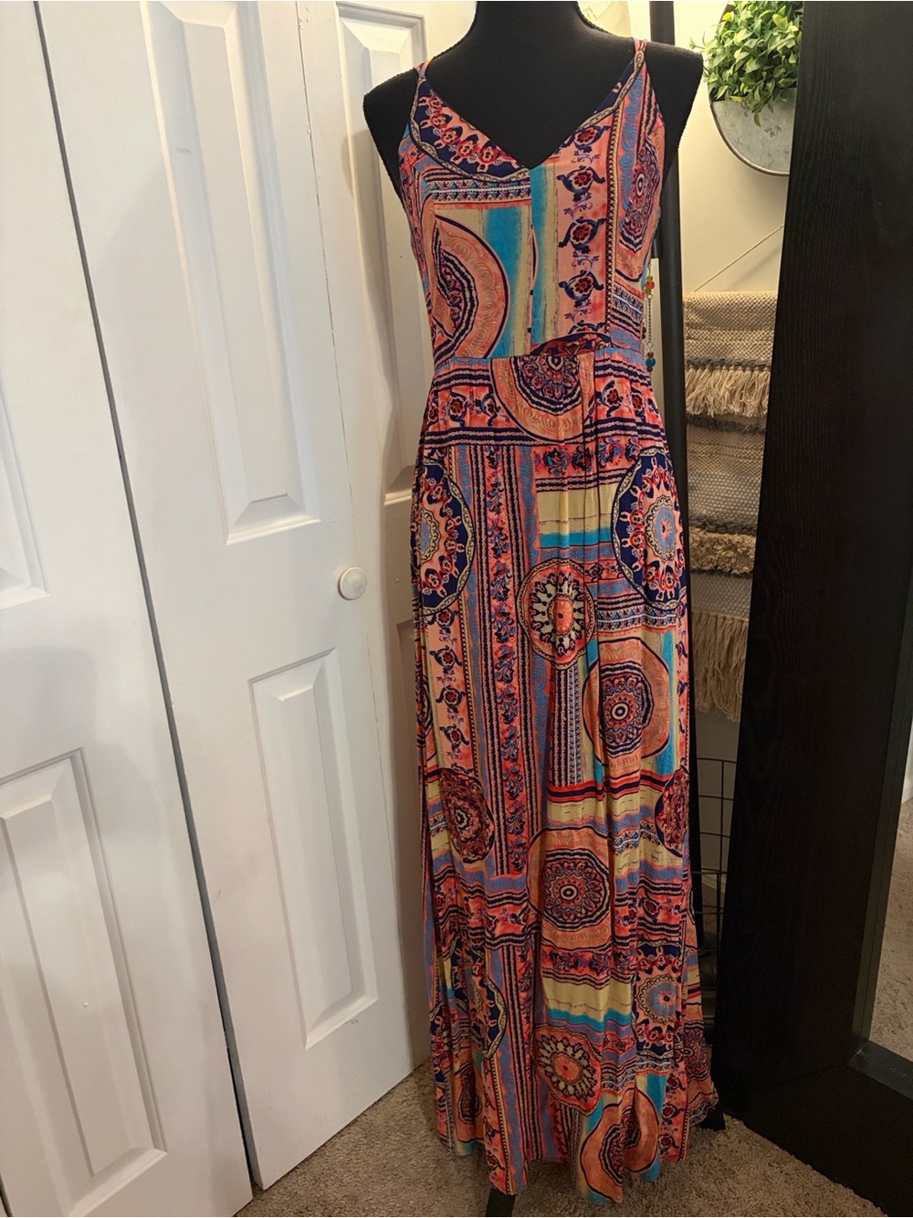 Lulus Sunrise to Sunset Coral Pink Print Maxi Dress Bohemian Print